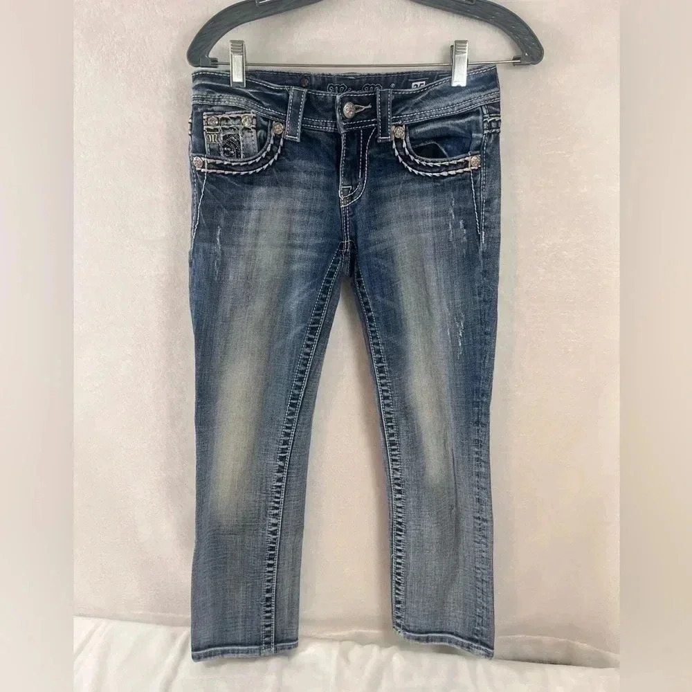 Miss Me Cuffed Capri Cropped Blue Denim Jeans Jewel Flap Back Pockets Size 25